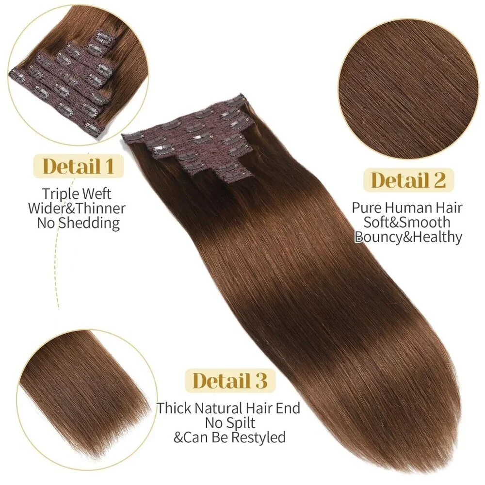 Clip in Hair Extensions Human Hair Straight 14 Inch 7pcs for Women